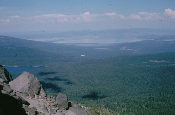 Looking down on Four Mile Lake on the left with Klamath Lake in the background and that is an airplane