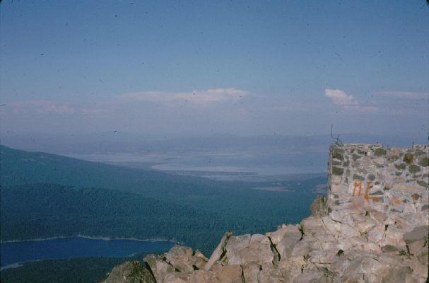 Base of the lookout tower with Four Mile Lake on the left and Klamath Lake in the distance